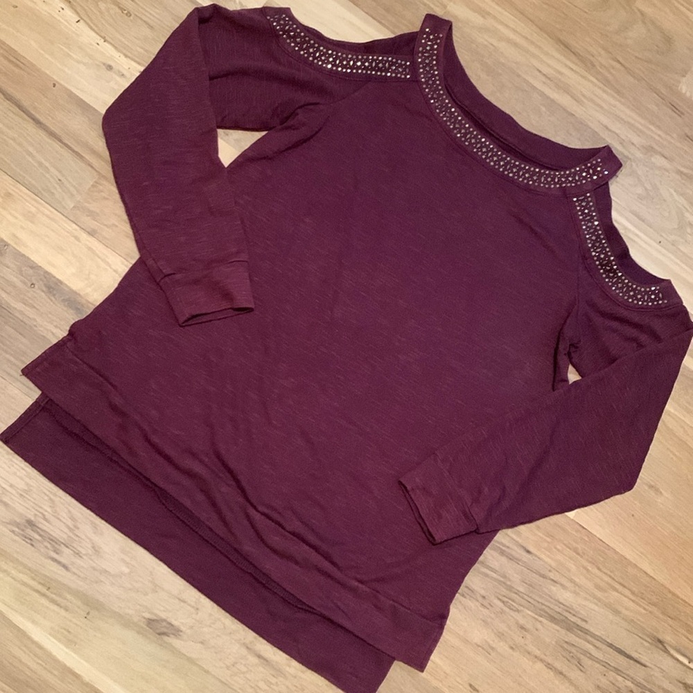 Knox Rose Studded Cold Shoulder Long Sleeve Maroon Blouse Women’s S - Picture 2 of 14